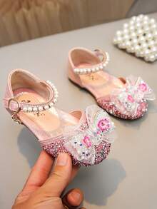 Sandalias planas con lazo de perlas y diamantes de colores para niños, zapatos de princesa para la escuela para niños pequeños - Rosa - Ver 3