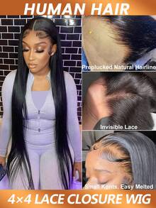 Brazilian Preplucked Bone Straight 4*4 Transparent Lace Closure Wigs Straight Human Hair Wig For Women Choice 180% Density - Natural Black - View 3