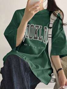 2026 Women's ClothesDAZY Letter Graphic Drop Shoulder Tee Oversized T-Shirt StreetwearLoose And Comfortablesummer Shirts - Green - View 4
