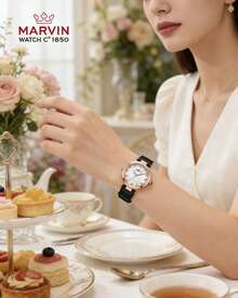 Marvin Women's Watch Classic Swiss Quartz Stainless Steel Watch Fashion Ladies Watch, 12 Diamonds, Mother-Of-Pearl Dial,Sapphire Crystal Mirror - Black - View 2