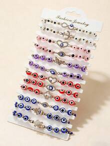 12 件/套合金水钻邪眼编织手链，女士彩色珠宝手链套装，送给朋友的时尚礼物 - 彩珠惡魔之眼 - 查看 5