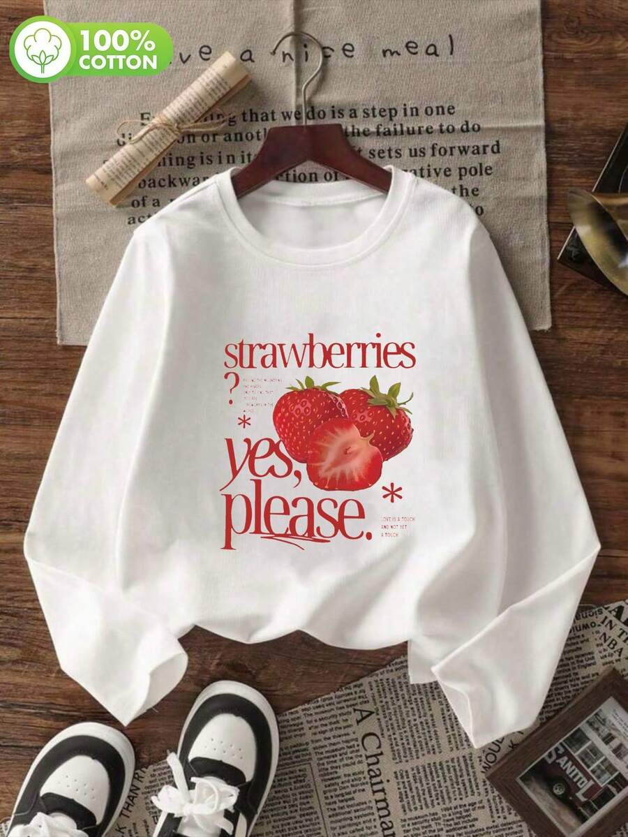Tween-Mädchen Süßes weißes Langarm T-Shirt mit Erdbeermuster, weiche Baumwolle Lässig Kleidung für Frühling & Sommer, fröhlich und leuchtend - Weiss - Übersicht 1