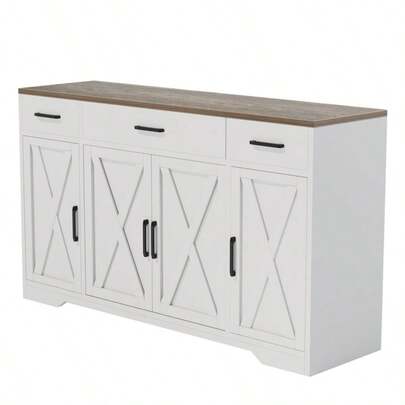 Bufé Moderno Estilo Casa de Campo con 4 Puertas, Estantes Ajustables y Cajones - Ideal para Barra de Café y Almacenamiento de Cocina para Comedor, Color Negro