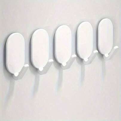 5 Heavy Duty Sticky Hooks - No Drilling, Strong Adhesive Backing For Damage-Free Installation, Suitable For Hanging Towels,Robes, Clothes, Gym Bags - Great For Bathroom, Kitchen, Office, Hotel Use - Modern Minimalist Style (Durable Plastic Material) - Space-Aving Multipurpose Hanging Accessories