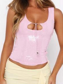 Womens Glitter Sequin Tank Tops  Sleeveless Scoop Neck Solid Color Cutout Tops Slim Fit Shirts - Pink - View 2