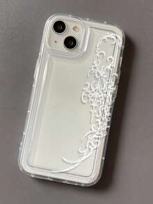 1pc White Line Floral Pattern Transparent Full Coverage Anti-Drop TPU Minimalist Phone Protective Case Compatible With IPhone 11 12 13 14 15 16 17 Pro Max, A55/54/53/52/51, S25/24/23/22/21 Series - Multicolor - View 2