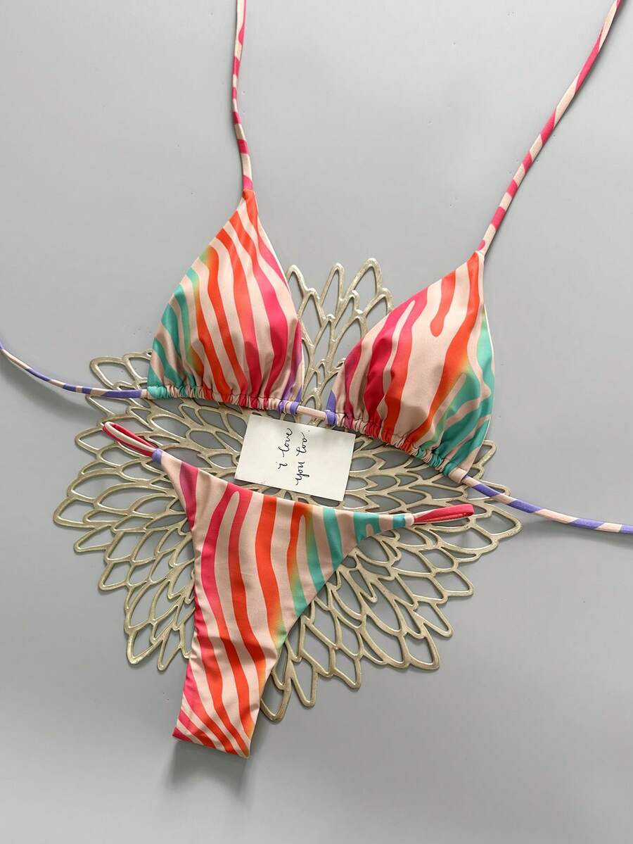 2件套休闲可爱优雅性感波西米亚风花卉系带编织比基尼泳衣，海滩度假，春夏 - 彩色 - 查看 1