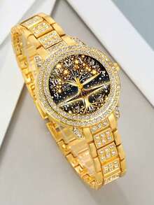 6PCS Elegant And Luxurious Women's Quartz Watch Set, Women's Gold Accessory Set (Includes Gold Metal Full-Rhinestone Strap Life Of Tree Arabic Numeral Dial Rhinestone Bezel Quartz Watch, Full-Rhinestone Gold Bracelet, Full-Rhinestone Gold Earrings, Heart-Shaped Full-Rhinestone Gold Necklace, Full-Rhinestone Gold Ring). - Gold - View 5