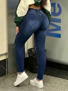 High Waist Distressed Washed Denim Skinny Jeans, Stretchy Fabric, High Waisted Ripped Jeans, Fashionable Streetwear Style, Slimming - Blue - View 2