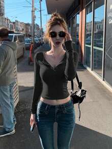 Sexy V-Neck Long Sleeve Fitted T-Shirt, Crop Top Black Spring - Black - View 2