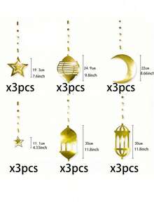 24/18/12/6 pezzi Decorazioni appese a forma di lanterna con stelle e mezzalune dorate per Eid Mubarak, ghirlanda appesa a tema Ramadan, sfondo per festival, matrimoni, forniture per feste - Dorato - Visualizzare 9
