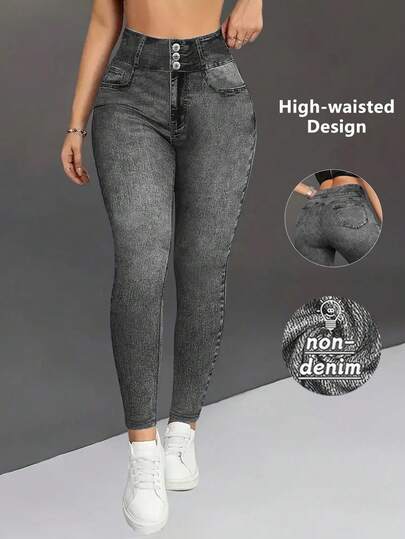 Jeggings de cintura alta para mujer con estampado de mezclilla, cintura que realza y da forma, suave y cómodo para hacer ejercicio y uso diario
