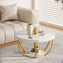 LITTLE TREE Round Coffee Table, 31.7" Modern 2-Tier Circle Coffee Table With Storage Shelves, Accent Cocktail Table Center Table For Living Room - White and Gold - View 4