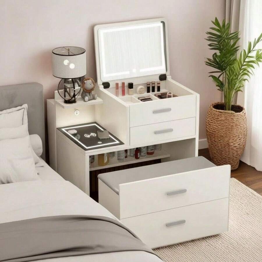 Tocador Mesita Influencer 700x400x830mm Blanco Con Tapa Abat - Negro - Ver 1