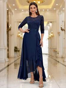 MIUSOL Vestido de fiesta de noche, boda y primavera con mangas 3/4, volantes y encaje floral elegante - Azul Marino - Ver 4