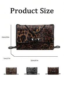 New Vintage Leopard Print PU Leather Flap Square Bag, Outdoor Vacation Travel Crossbody Bag, Elegant Banquet Party Mobile Phone Coin Purse, Versatile Business Commuter Chain Underarm Bags For Daily Office Use, Women Shoulder Bags - Multicolor - View 4