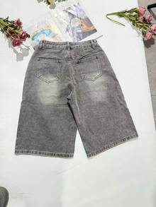 经典休闲女式牛仔七分阔腿裤，拉链闭合，无弹力 - 灰色 - 查看 7