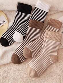 5 Pairs Men's Spring/Summer Striped Terry Cushion Mid-Calf Socks, Non-Slip Breathable House/Floor Socks - Multicolor - View 5
