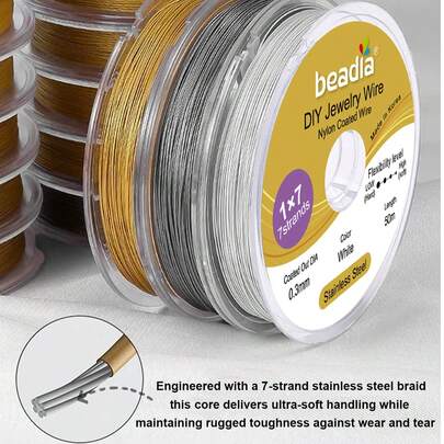 1/4卷 7股 304不锈钢珠宝串珠线，金色和银色 - 超柔软灵活工艺线，超细0.3mm-0.6mm多种尺寸，坚固耐用，适用于项链和手链制作、DIY串珠项目、珠宝制作线、手链制作，免维护工艺（1/4卷）