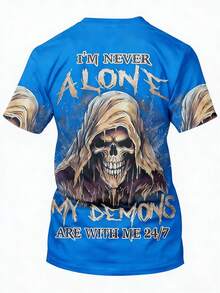 Men's Casual Crew Neck Letter & Skull Print Short Sleeve T-Shirt, Versatile For Commuting & Outings - Blue - View 3