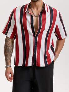 男士撞色条纹纹理 Polo 衫一件装，百搭短袖纽扣休闲衬衫，优雅适合节日派对，是送给父亲、男友、爸爸、朋友的理想礼物 - 紅色 - 查看 11