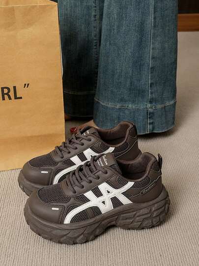 2026夏季新款女士休闲运动鞋，加厚鞋底，防滑低帮圆头系带撞色时尚百搭厚底运动鞋，针织网面透气舒适鞋款，校园风洛丽塔穿搭女鞋