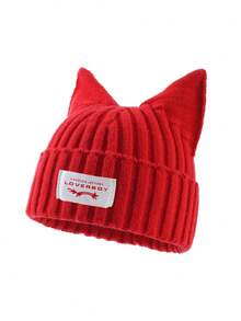 1pc Men's Fashion Loverboy Patch Cat Ear Knit Beanie Hat, Suitable For Autumn/Winter Daily Wear And Keeping Warm - A - View 8