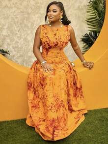 Summer Orange Smudge Print Backless Ruffles, Long Dress Ruffle Slim Maxi Dress, Romantic Date, Wedding, Night Out, Beach Vacation, Elegant Beach Vacation, Music Festival, Suitable For Spring And Summer, Suitable For Daily Date, Night Out, Party, Gathering,Boho Clothes Women, Orange Maxi Dress Ruffle Maxi Dress, Sunset Dress, Orange Formal Dress, Floral Maxi Dress - 印花 - 查看 3