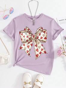 1 Piece Pink Heart Bow T-Shirt For Teen Girl, Decorative Graphic Top, Soft & Comfortable Fabric, Casual Outdoor Wear - Purple - View 2