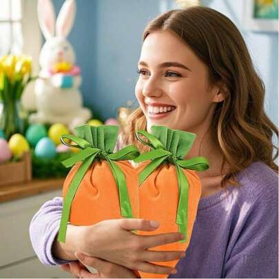 天鹅绒胡萝卜造型糖果礼品包装收纳袋，便携式可爱牛奶袋设计，适合复活节、节日派对等场合