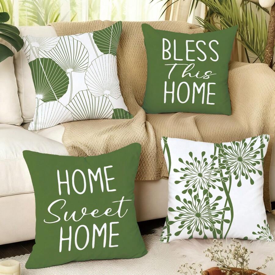 MEMNUN 4件套绿色简约线条抽象叶子蒲公英印花抱枕套【不含枕芯】,尺寸:17.7*17.7英寸(45*45厘米)/19.69*19.69英寸(50*50厘米)/15.75*15.75英寸(40*40厘米),【单面印花】“祝福这个家 & 家,甜蜜的家”温馨绿植装饰沙发靠垫套 - 彩色 - 查看 1