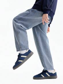 Annil [Pure Cotton] Boys' Mid-Blue Denim Jeans, New Spring Style, Fashionable Loose Fit - Medium Blue Jeans - View 2