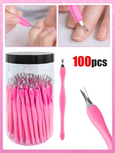 100pcs V-Shape Cuticle Nipper, V-Shape Cuticle Pusher, Nail Cuticle Remover, Double-Ended V-Shape Fork Pusher, Nail And Foot Care Cleaning Tools, Home And Salon Manicure Tools. Pink, Suitable For Summer, Women's Makeup, Makeup Party, Beach Travel, Camping, Outdoor School, Campus Travel, Etc. 60/50/40/30/20/5/1 Pcs Set