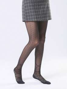 1双黑色丝袜，超薄防勾丝，春夏交叉绑带蕾丝，小众连裤袜，波点底，腰带，防滑颗粒 - 黑色 - 查看 4