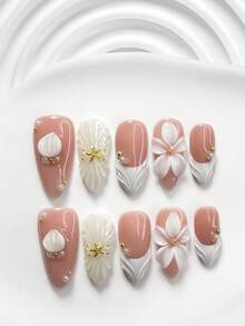 10件套温和修甲美甲套装，包含有机凝胶美甲贴纸、金色海星、五瓣白花、水波纹纯色美甲装饰、白色指甲油，以及美甲工具（1个果冻贴纸+1个指甲锉）。提供方形、杏仁形和短方形三种形状。适合女士和女孩日常佩戴、参加派对、拍照、春夏通勤等场合。美甲用品，手工按压式美甲贴片。 - 彩色 - 查看 15