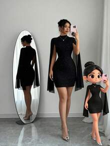 Vestido de capa ajustada con cuello mao de unicolor - Negro - Ver 3