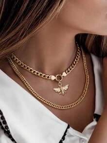 2pcs Gold-Tone Exaggerated Double-Layer Insect Pendant Necklace, Luxury Jewelry - Yellow Gold - View 5