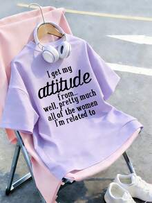 Tween Girl "I Get My Attitude From..." Slogan Print T-Shirt, & Fashionable Girls' Short Sleeve Tee For Daily Wear, School, And Street Style - Mauve Purple - View 5