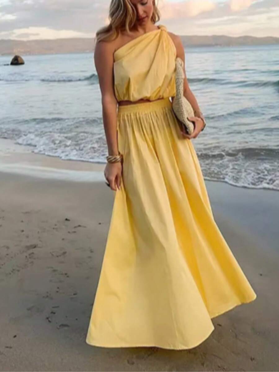 1件女士休闲度假梭织面料休闲套装，适合春夏假期穿着 - 鵝黃色 - 查看 1