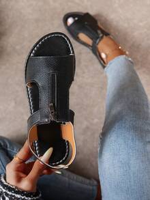 1 Pair PU Leather Zipper Beach Sandals, Outdoor Summer - Black - View 10