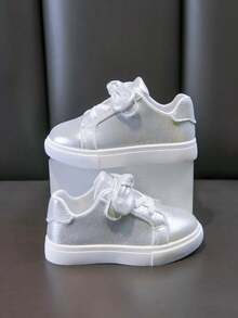 1 Par De Tênis Infantis Sólido Com Laço, Modelo Slip-On, Fofos E Estilosos Para Uso Externo, Ideais Para A Primavera - Prata - Ver 5