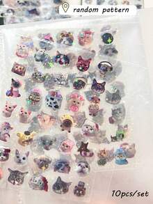 10pcs/Set Random Pattern Ins Style Cartoon Series Double Transparent Laser Stickers Japanese Cute Cat Stars DIY Bookkeeping Material Decorative Stickers - Animal - View 6