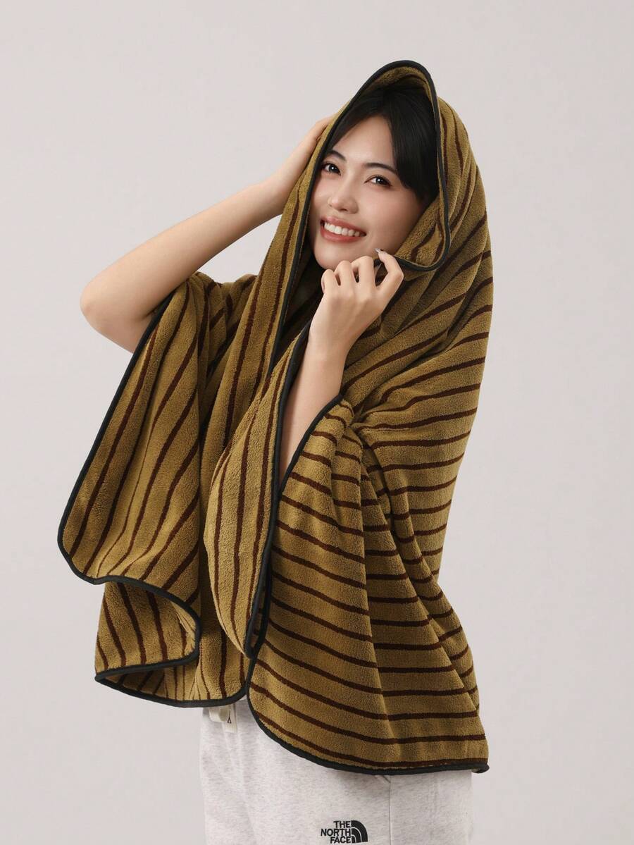 Khăn tắm/khăn tay bằng vải lông san hô kẻ sọc, mềm mại, thấm hút tốt, thích hợp sử dụng trong nhà tắm và trang trí phòng tắm. - Màu xanh Ô liu - Xem 1