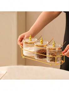 3pcs Luxury Spice Jars Kitchen Storage Condiment Containers Set, Includes 3 Jars And 1 Spoon