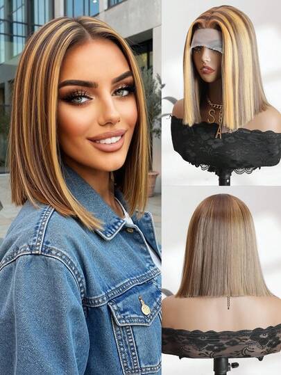 13*4*1 T型蕾丝假发，优雅渐变钢琴色短款波波头假发，10英寸，耐热合成纤维，侧分，适合日常佩戴、角色扮演、修饰脸型、遮盖头部、派对佩戴。