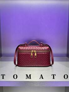 1pc Fashion Women's Crossbody Bag, Solid Color Square Handbag, Box-Shaped, PU Leather Woven Texture, Zipper Closure, Adjustable Strap, Casual Daily Bag Suitable For Young Women - Travel, Work, Shopping, Dating, Gift, Office - Burgundy - View 3