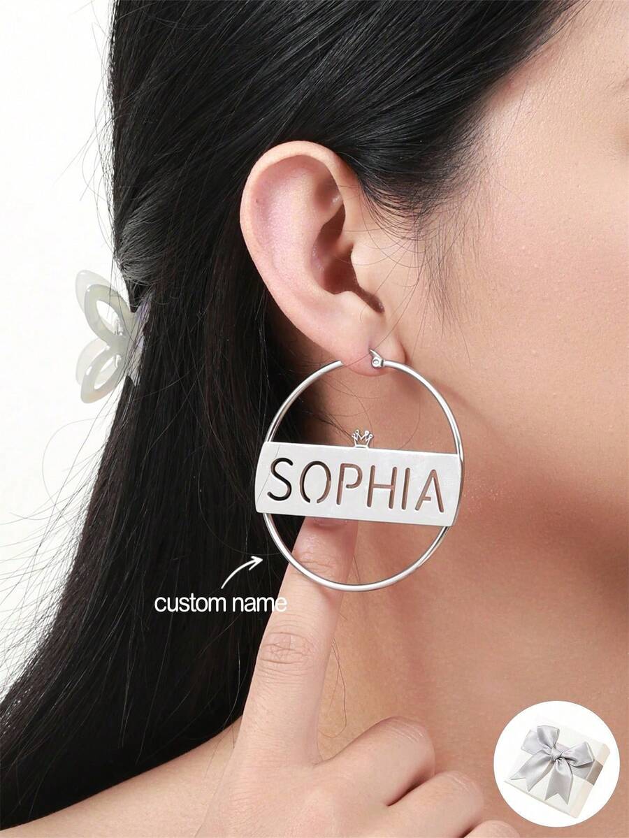 1pc Customized Hollow Name Round Earrings, Personalized Name Crown Hoop Earrings, Unique Birthday Gift, Christmas Gift, Party Gift, Valentine's Day Gift, Mother's Day Gift, Graduation Gift, Bridesmaid Gift, Wedding Gift - Silver - View 1