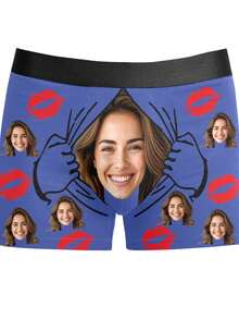 1 Pc Custom Men's Boxer Briefs, Personalized Face Customization, Printed With Christmas Elements Such As Snowflakes And Christmas Trees, As Well As Customizable Character Patterns. Personalized Photo Men's Boxer Shorts, Sweet And Romantic Long Men's Underwear, A Gift For Your Beloved, Anniversary Gift, Wedding Gift, Couple Gift, Best Friend Gift, Boyfriend/Husband/His Gift - Màu xanh lam - Xem 2