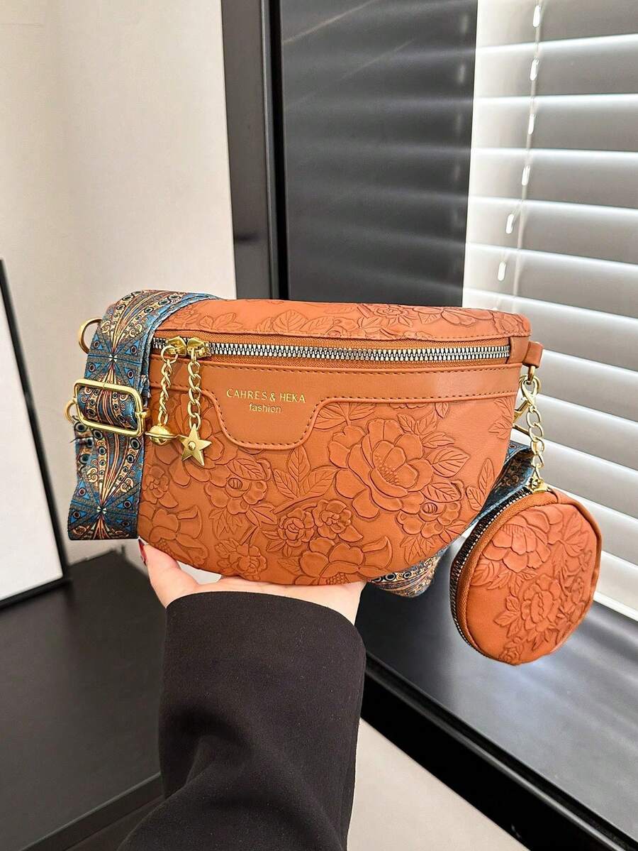2pcs Set Embossed Waist Bag & Chest Bag, Fashion Chinese Style Handbags, Large Capacity - Brown - View 1