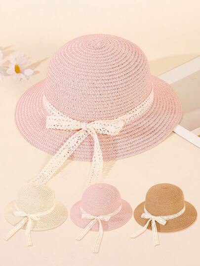 1pc New Kids Straw Hat, Summer Sun Protection Cute Cartoon Bucket Hat For Outdoor Beach